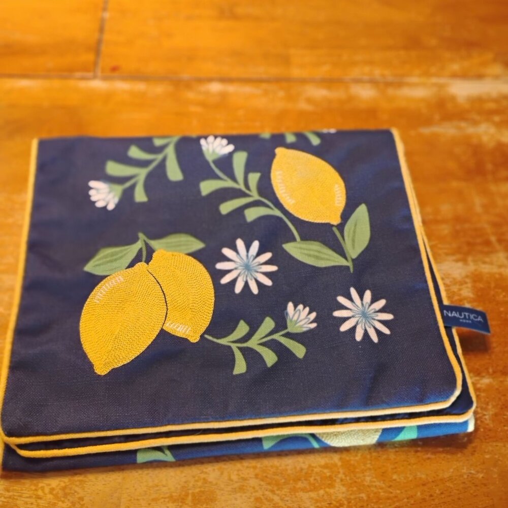 Embroidered Lemons & Daisies Table Runner Blue Background Nautica Home 48"x14" - Picture 3 of 9